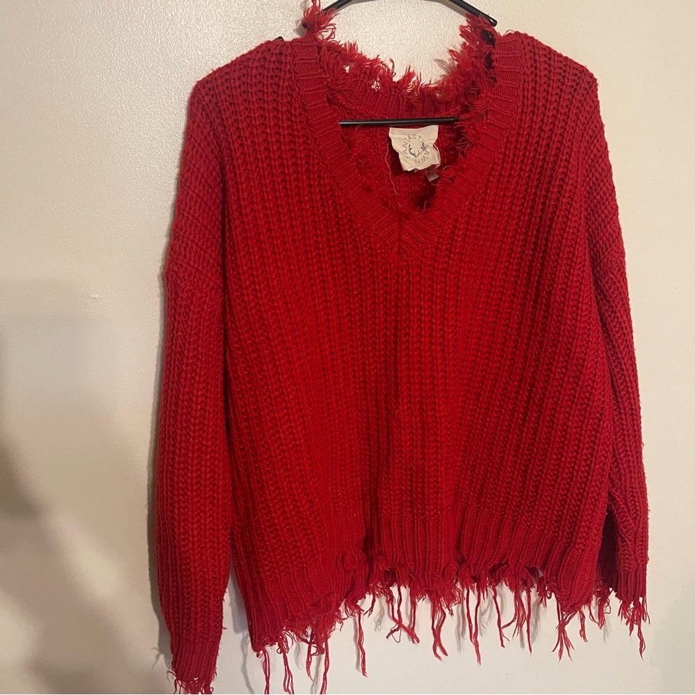 Cozy Red Frayed V-Neck Sweater